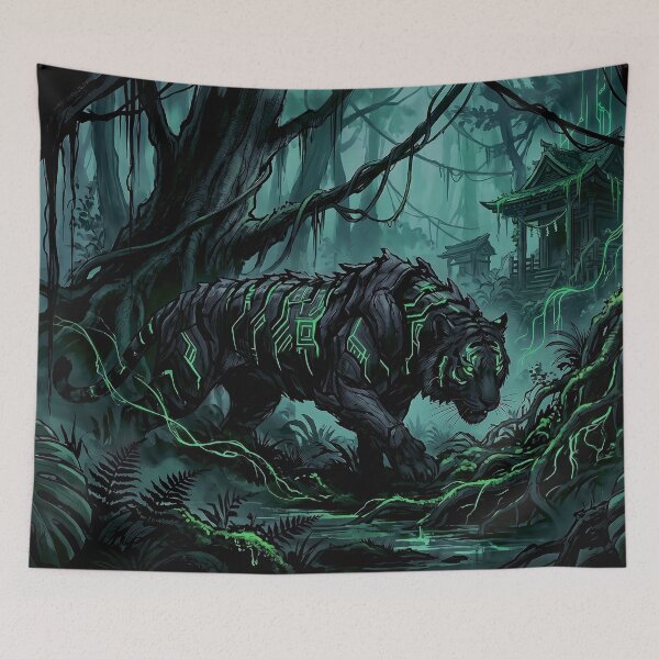 Item preview, Cyberpunk Japanese Sumie Neon Green Tiger Jungle designed and sold by Osmose-Studio.