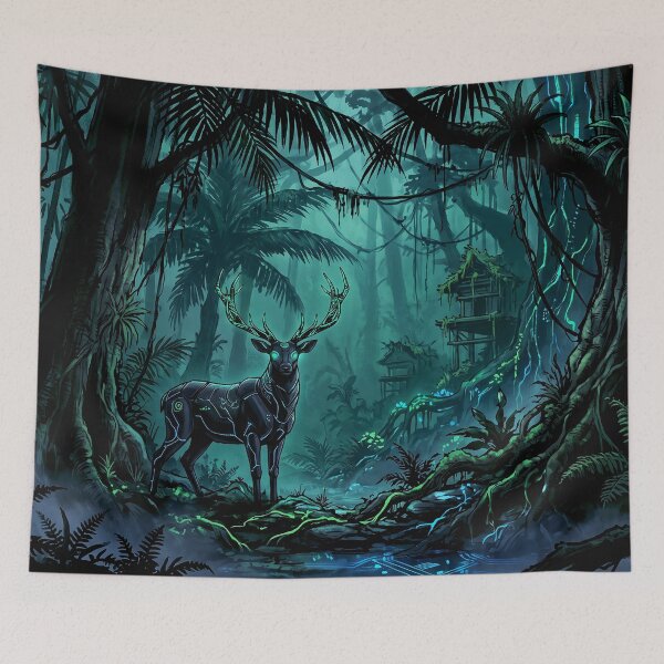 Item preview, Cyberpunk Japanese Sumie Cyan Mechanical Stag Jungle designed and sold by Osmose-Studio.