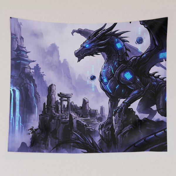 Item preview, Cyberpunk Japanese Sumi-e Blue Dragon Mist designed and sold by Osmose-Studio.