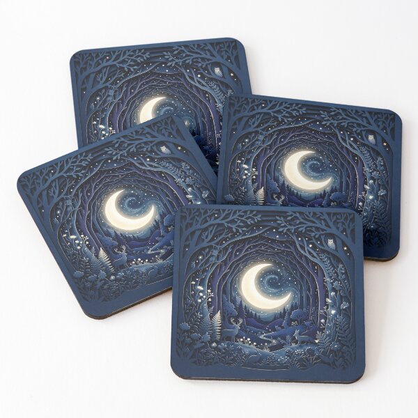Item preview, Whimsical Papercut Midnight Forest & Glowing Crescent Moon designed and sold by krish-prints.