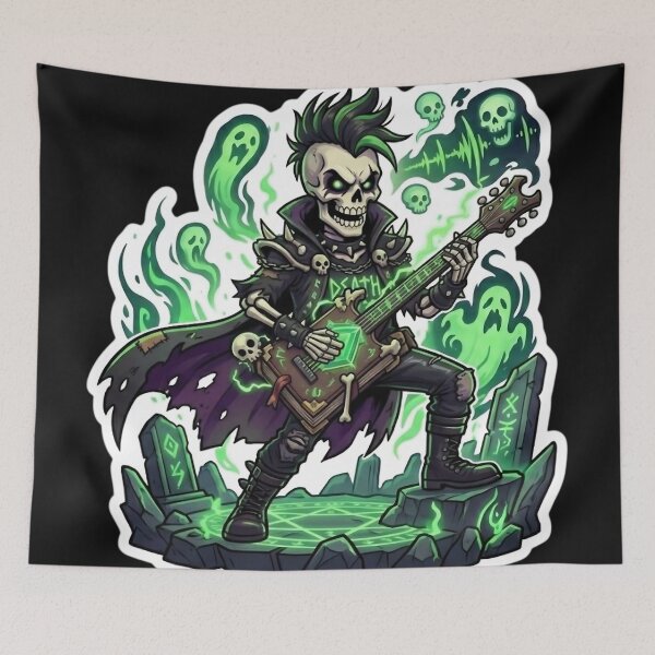 Item preview, Heavy Metal Skeleton Guitarist Punk Mohawk Necromancer Sticker designed and sold by DarkOriginArts.