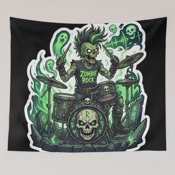 Item preview, Heavy Metal Zombie Drummer Punk Mohawk Skeleton Rock Rockstar Sticker designed and sold by DarkOriginArts.