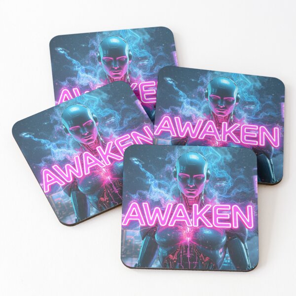 Item preview, AWAKEN - Cyberpunk Robot Neon Aesthetic Spiritual Meditation Scifi Wall Art Poster designed and sold by AiNaturalsOnly.