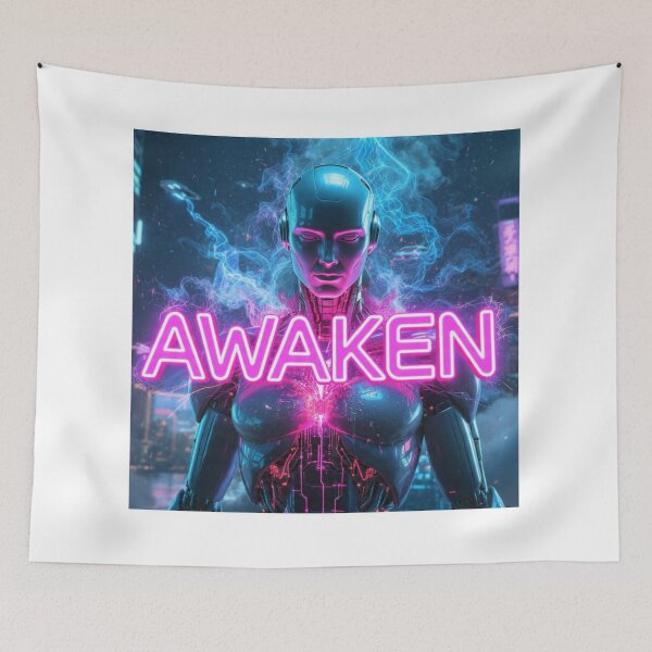 Item preview, AWAKEN - Cyberpunk Robot Neon Aesthetic Spiritual Meditation Scifi Wall Art Poster designed and sold by AiNaturalsOnly.