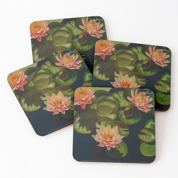 Item preview, Orange Water Lilies with Green Leaves and Dark Background designed and sold by jaxlovesart.