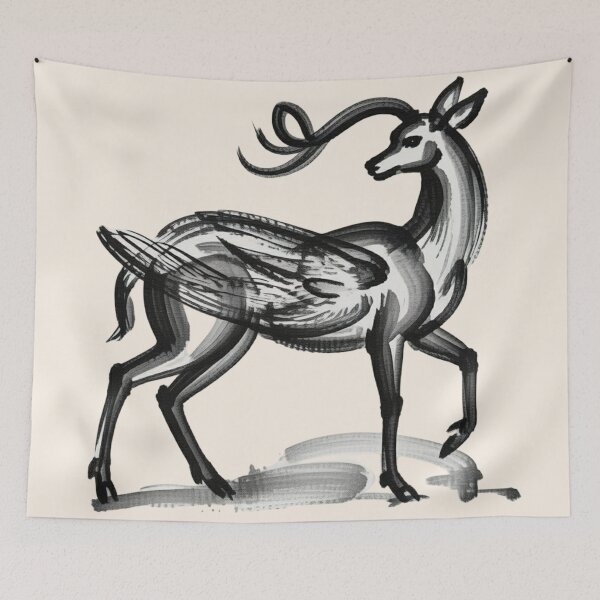 Item preview, A hand-colored natural history illustration of a mythical winged deer rendered as a delicate creature with elongated proportions and fantastical anatomy designed and sold by 123ks.