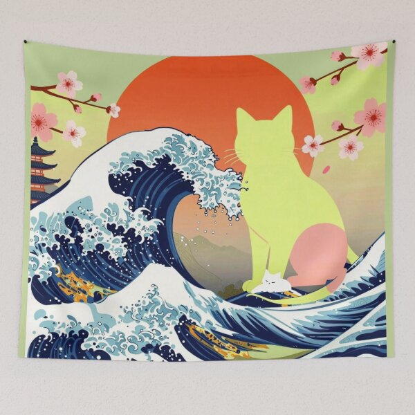 Item preview, Lively Citrus Japanese Wave Cat Art - Aesthetic Ukiyo-e Style designed and sold by BLUESKY11a.