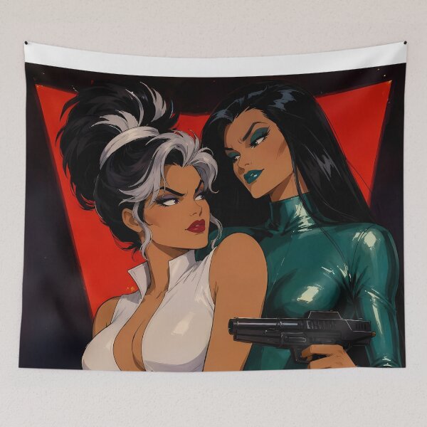 Aperçu de l'œuvre Duo de femmes fatales rétro – Illustration d'action de filles espionnes noires créée et vendue par  Hollow Moon Studios..