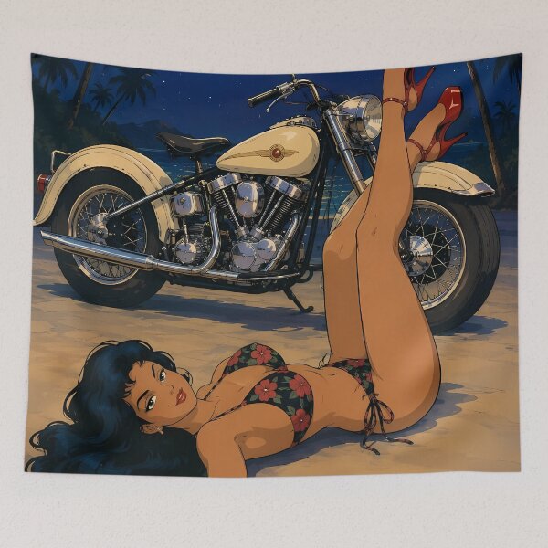 Item preview, Moonlight Biker Pin-Up – Retro Motorcycle Beach Night Illustration designed and sold by  Hollow Moon Studios..