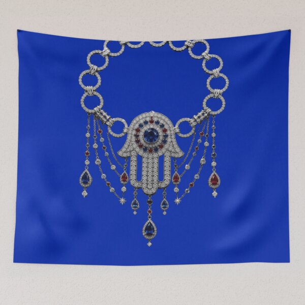 Item preview, Silver Hamsa Necklace | with Blue Ruby Gems designed and sold by Rawafi Art Studio.