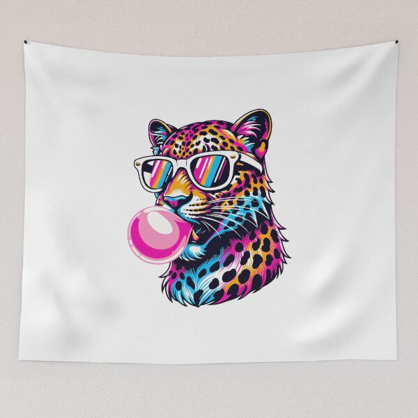 Item preview, Neon Leopard with Sunglasses Blowing Bubble Gum – Retro Pop Art Animal Design designed and sold by ArcticFoxStudio.