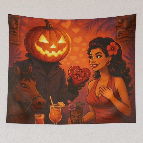 Item preview, Headless Horseman Tiki Valentine – Retro Tropical Halloween Art designed and sold by TheHorsemanRidesAgain.