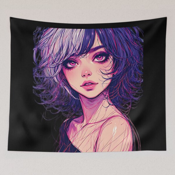 Item preview, Purple Hair Anime Girl Portrait Sketch Style Cyberpunk designed and sold by UrbanPrts.