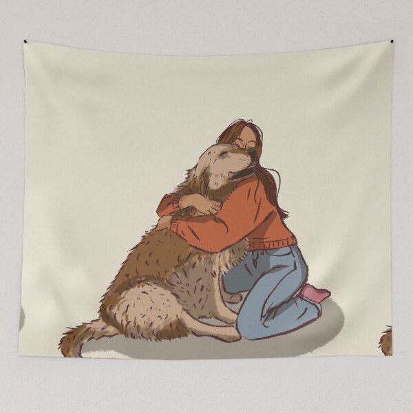 Item preview, Woman in a orange shirt hugging her cute dog  designed and sold by Hessah-HA.
