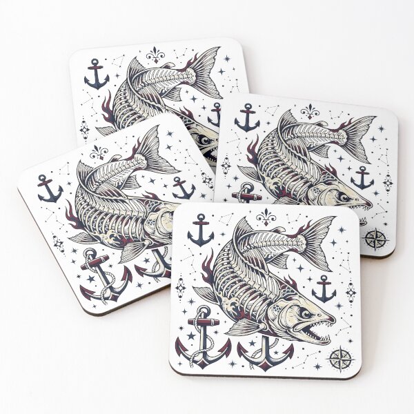 Item preview, Neo Traditional Salmon Skeleton Anchor Tattoo Flash designed and sold by DuckOddity.
