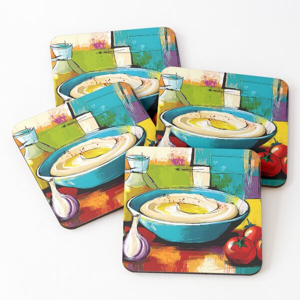 Item preview, Mediterranean Feast in Color - Hummus Garlic and Tomatoes in a Bold Geometric Celebration designed and sold by OlfactoART Studio.