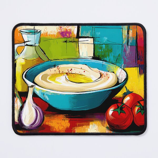 Item preview, Mediterranean Feast in Color - Hummus Garlic and Tomatoes in a Bold Geometric Celebration designed and sold by OlfactoART Studio.