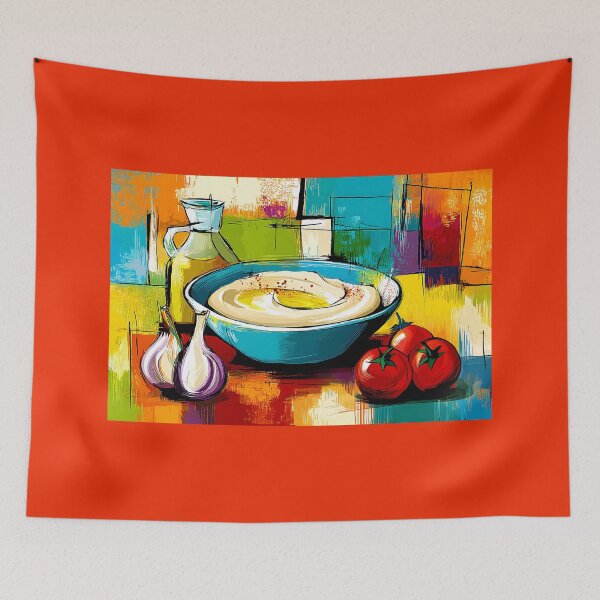 Item preview, Mediterranean Feast in Color - Hummus Garlic and Tomatoes in a Bold Geometric Celebration designed and sold by OlfactoART Studio.