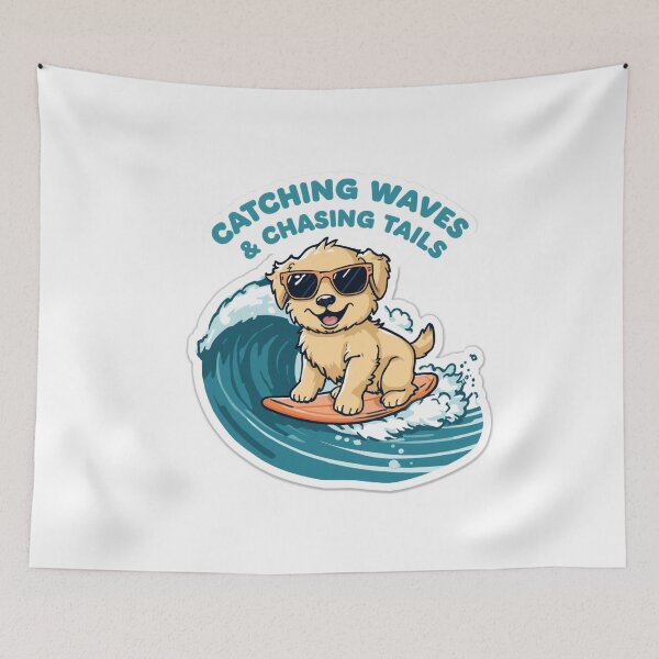 Item preview, Catching Waves & Chasing Tails | Cute Surfing Dog Puppy designed and sold by AMBAYK.