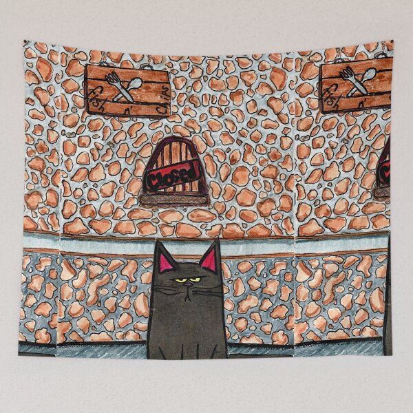 Item preview, Grumpy Black Cat Outside Closed Diner - Funny Cartoon Illustration designed and sold by Youknowmeasmax.