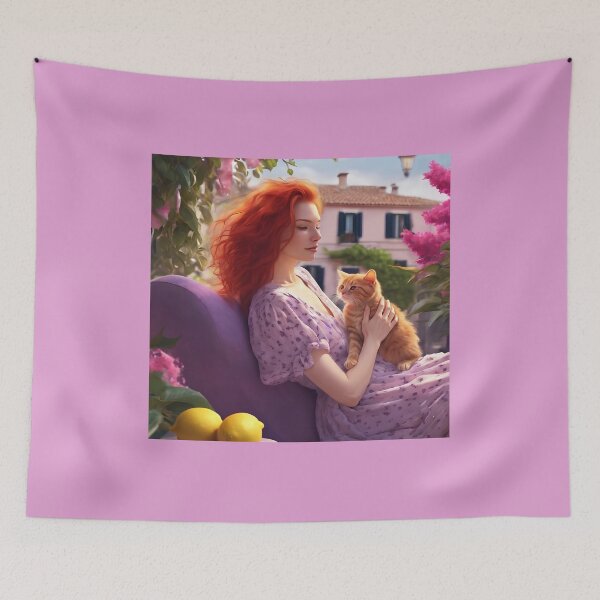 Item preview, Lavender Dreams – Redhead Girl with Ginger Cat designed and sold by UmSkelig834.