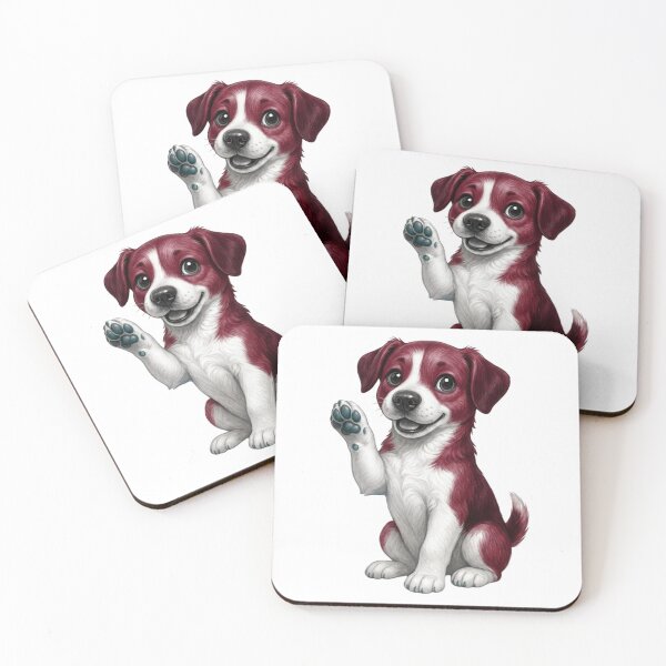 Item preview, Cute Puppy Waving Illustration - Maroon and White Dog Art designed and sold by Golden Threads Studio.