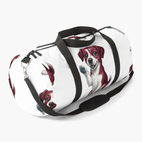 Item preview, Cute Puppy Waving Illustration - Maroon and White Dog Art designed and sold by Golden Threads Studio.