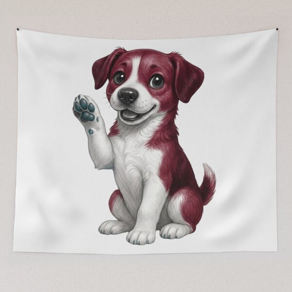 Item preview, Cute Puppy Waving Illustration - Maroon and White Dog Art designed and sold by Golden Threads Studio.
