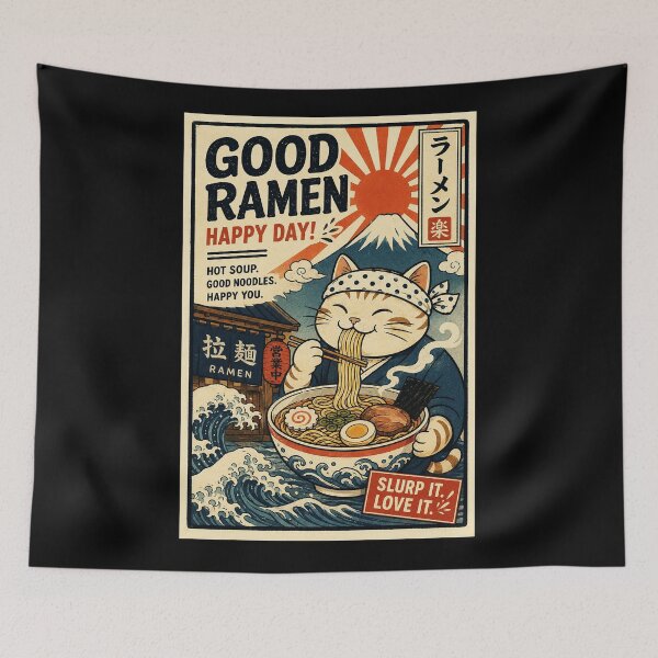Item preview, Happy Ramen Day Lucky Cat Vintage Japanese Noodle Poster designed and sold by eliramaison.