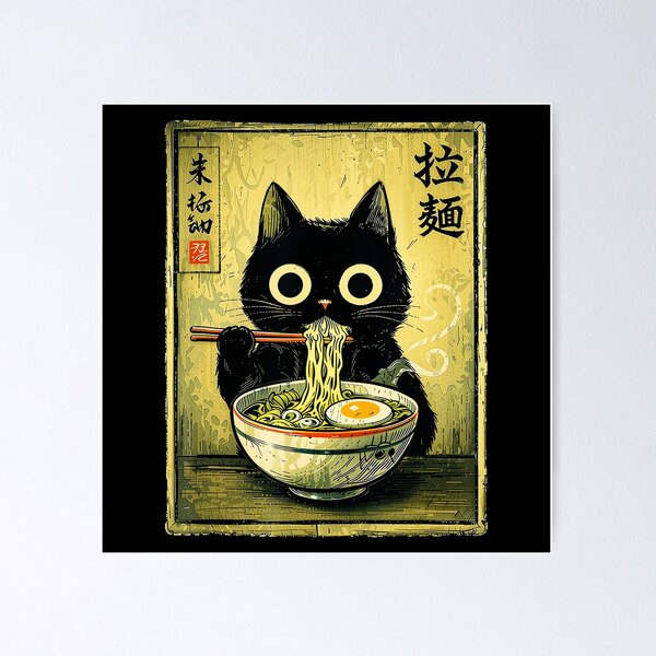 Item preview, Kawaii Ramen Cat Vintage Japanese Poster with Retro Noodle Charm designed and sold by titanlevi.