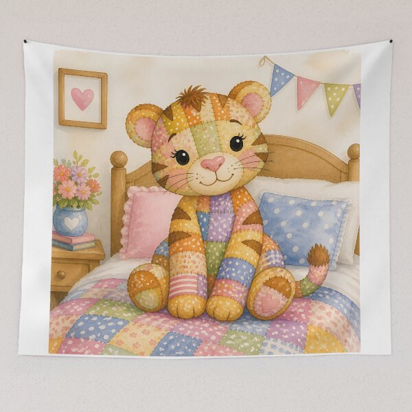 Item preview, Adorable Patchwork Tiger on Bed designed and sold by Shelley Loewnau-Jones Studio.