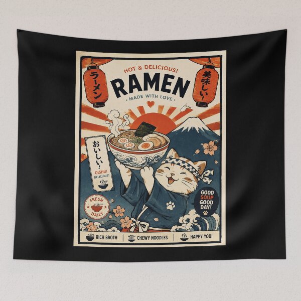 Item preview, Happy Ramen Day Kawaii Cat Vintage Japanese Food Poster designed and sold by eliramaison.