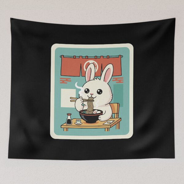 Item preview, Cute Bunny Eating Ramen Cozy Kawaii Food Illustration Scene designed and sold by JordynLadukeg65.