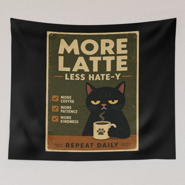 Item preview, Vintage Grumpy Black Cat Coffee Humor More Latte Less Hate designed and sold by eliramaison.