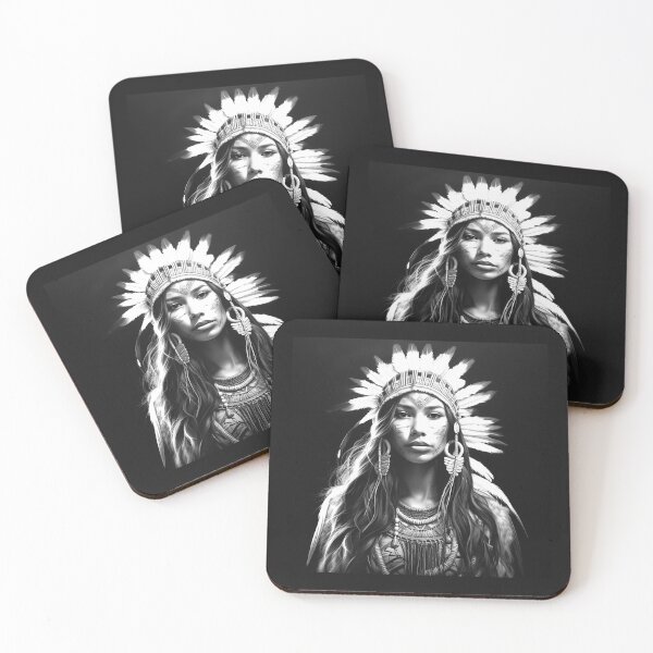 Item preview, Black and White Indigenous Inspired Woman Feather Headdress Portrait designed and sold by inkoutninja.