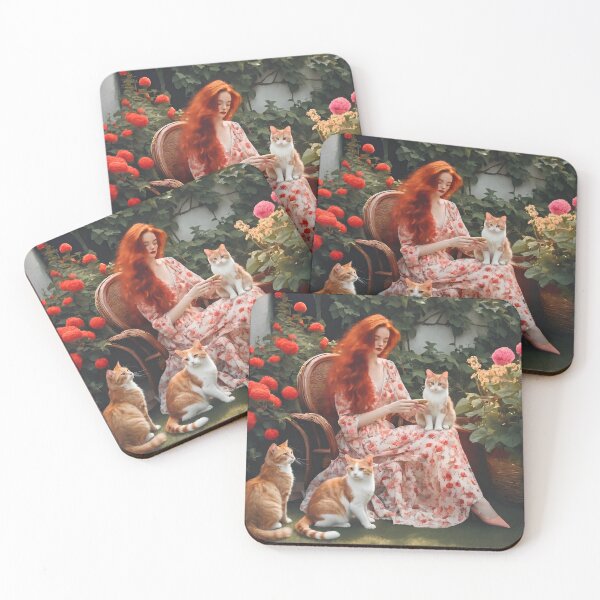 Item preview, Garden Harmony – Redhead Girl and Three Ginger Cats designed and sold by UmSkelig834.