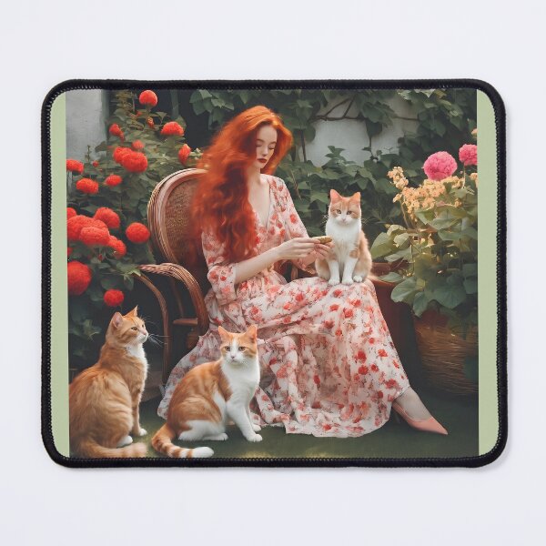 Item preview, Garden Harmony – Redhead Girl and Three Ginger Cats designed and sold by UmSkelig834.