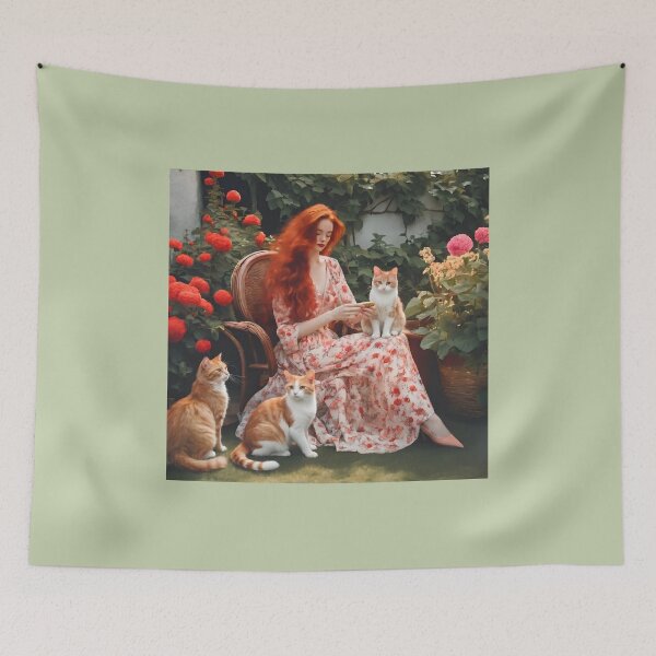 Item preview, Garden Harmony – Redhead Girl and Three Ginger Cats designed and sold by UmSkelig834.