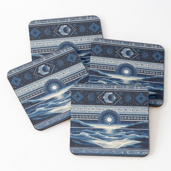 Item preview, dark blue folk art sea with sun and moon pixel designed and sold by northern T.