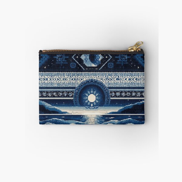 Item preview, dark blue folk art sea with sun and moon pixel designed and sold by northern T.
