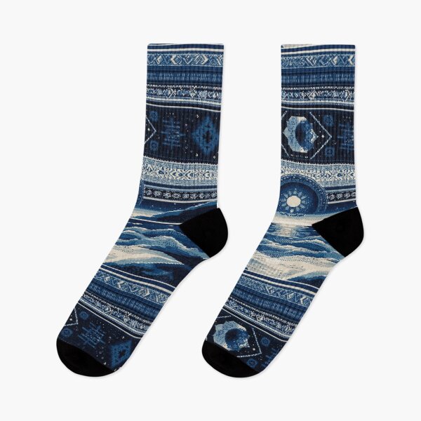 Item preview, dark blue folk art sea with sun and moon pixel designed and sold by northern T.