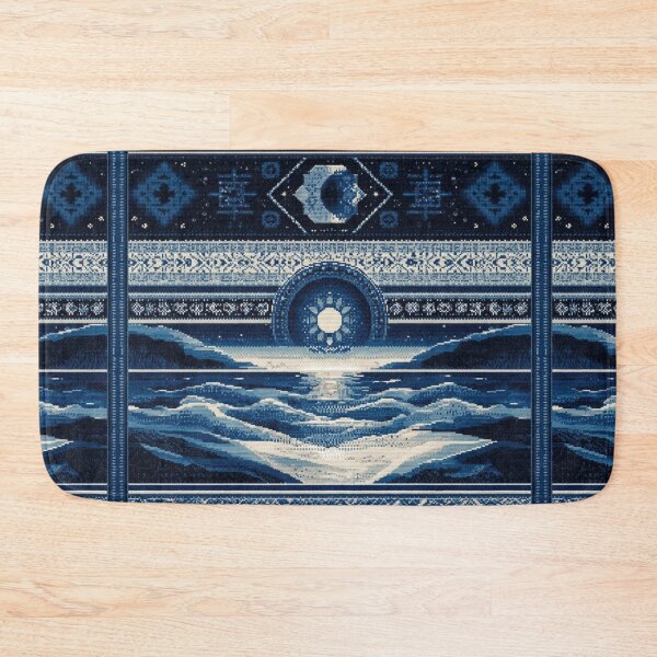 Item preview, dark blue folk art sea with sun and moon pixel designed and sold by northern T.