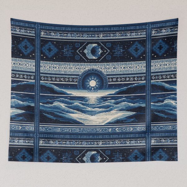 Item preview, dark blue folk art sea with sun and moon pixel designed and sold by northern T.