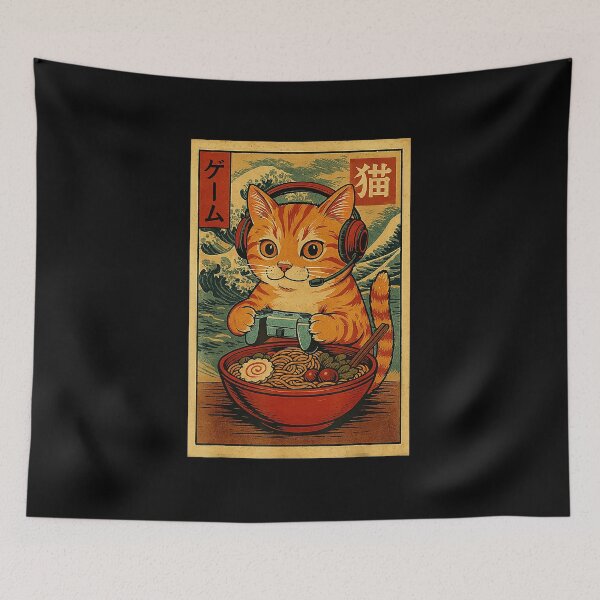 Item preview, Kawaii Gamer Cat Enjoying Ramen in Retro Japanese Style designed and sold by FGTV2021.