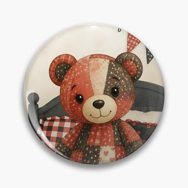 Item preview, Adorable Red and Black Patchwork Bear on Bed designed and sold by Shelley Loewnau-Jones Studio.