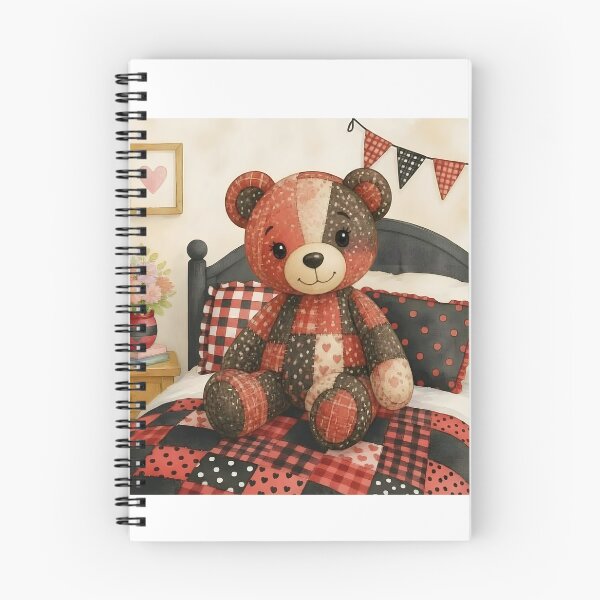 Item preview, Adorable Red and Black Patchwork Bear on Bed designed and sold by Shelley Loewnau-Jones Studio.