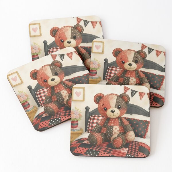 Item preview, Adorable Red and Black Patchwork Bear on Bed designed and sold by Shelley Loewnau-Jones Studio.