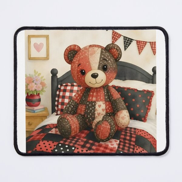 Item preview, Adorable Red and Black Patchwork Bear on Bed designed and sold by Shelley Loewnau-Jones Studio.