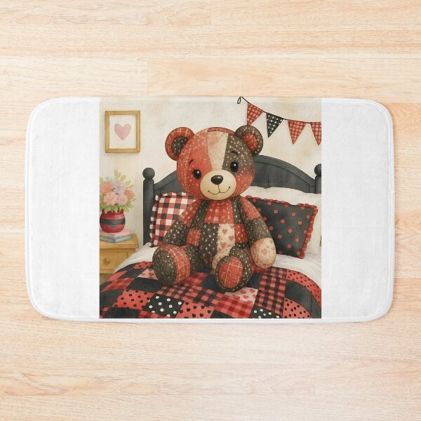 Item preview, Adorable Red and Black Patchwork Bear on Bed designed and sold by Shelley Loewnau-Jones Studio.