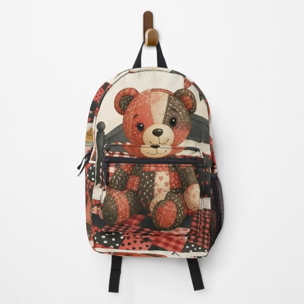 Item preview, Adorable Red and Black Patchwork Bear on Bed designed and sold by Shelley Loewnau-Jones Studio.